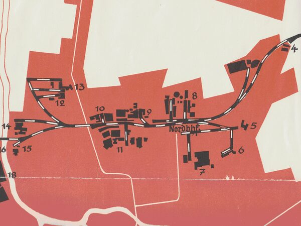 Plan der an die Strecke der Braunschweigischen Landes-Eisenbahn angeschlossenen Unternehmen 1936 (Wird bei Klick vergrößert)