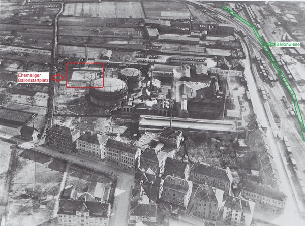 Luftbild nach dem Ballonstart, vermutlich 1925 (Wird bei Klick vergrößert)