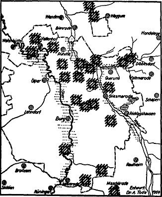 Die altgermaniscke Besiedlung des Stadtgebietes von Braunschweig. Eingetragen sind Urnenfriedhöfe oder Siedlungsplätze der Zeit von etwa 800 vor bis 400 nach Chr. Strichpunktlinie: gegenwärtige Stadtgrenze (Wird bei Klick vergrößert)