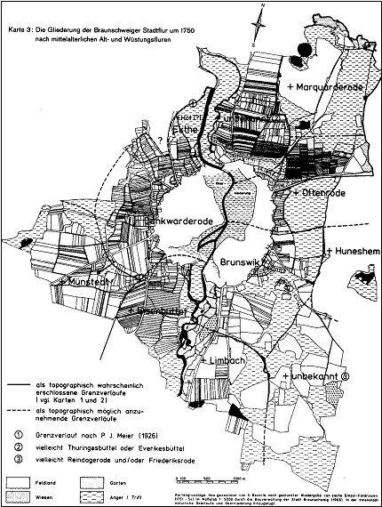 Die Gliederung der Braunschweiger Stadtflur um 1750 nach mittelalterlichen Alt- und Wüstungsfluren (Wird bei Klick vergrößert)