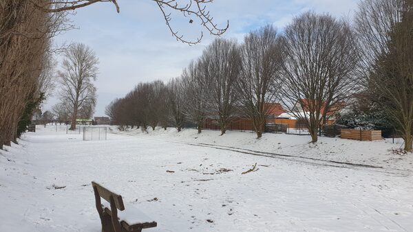 Ehemaliger Sportplatz v. Süden rechts mit Hopfenanger-Häusern, 02.2021 (Wird bei Klick vergrößert)