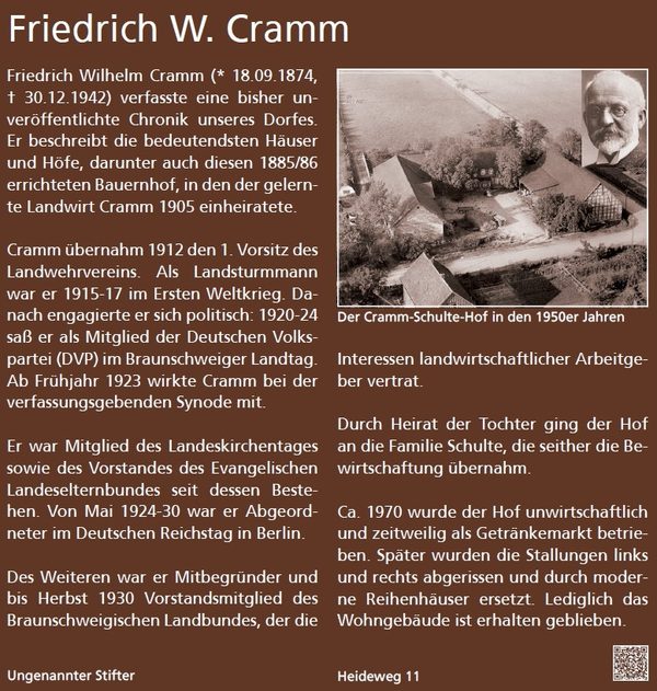 Historischer Dorfrundgang, Schild Friedrich W. Cramm (Wird bei Klick vergrößert)