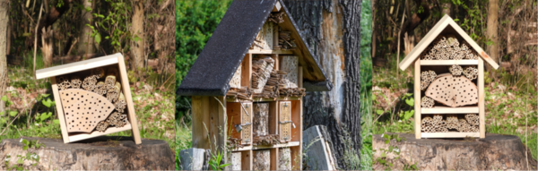 Verschiedene Wildbienenhotel aus Holz und anderen Naturmaterialien.