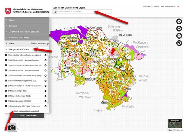 Foto des online-Kartenviewers mit dem Land Niedersachsen mit farbigen Abgrenzungen der Gebiete und einer Navigationsleiste. (Wird bei Klick vergrößert)