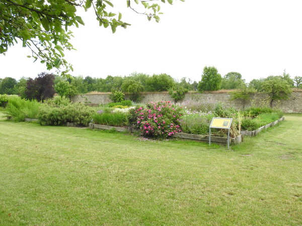 Klostergarten mit Mauer und blühenden Beeten.