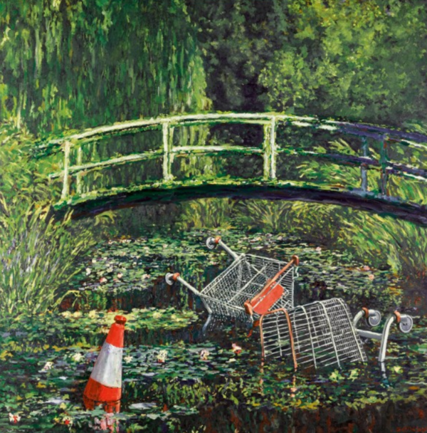 Ein Gemälde von Banksy. Man sieht Einkaufswagen in Monets Seerosenteich. (Wird bei Klick vergrößert)