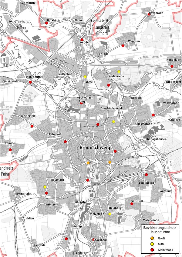 Stadtkarte mit eingezeichneten Bevölkerungsschutzleuchttürmen (Wird bei Klick vergrößert)