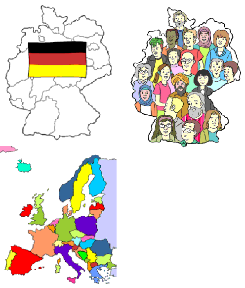 Vereinfachte Darstellungen: Karte von Deutschland mit Flagge, Karte von Deutschland mit vielen Menschen und Europakarte (Wird bei Klick vergrößert)