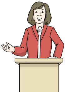 vereinfachte Darstellung: Politikerin steht hinter einem Rednerpult (Wird bei Klick vergrößert)