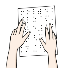 vereinfachte Darstellung: eine Person ertastet Blindenschrift auf einem Blatt (Wird bei Klick vergrößert)