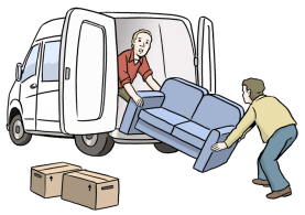 vereinfachte Darstellung zweier Personen, die Möbel und Kisten in einen Transporter laden (Wird bei Klick vergrößert)