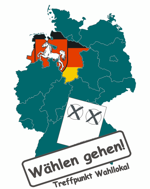 Ausschnitt Deutschlandkarte, Niedersachsen mit Deutschlandfahne und Niedersachsen-Wappen eingefärbt und Aufdruck Wählen gehen! (Wird bei Klick vergrößert)