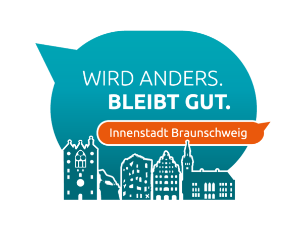 Das Bild zeigt die Wort-Bild-Marke des Innenstadtdialogs. Eine Sprechblase mit Braunschweiger Silhouette und dem Slogan "Wird anders. Bleibt gut. Innenstadt Braunschweig". (Wird bei Klick vergrößert)