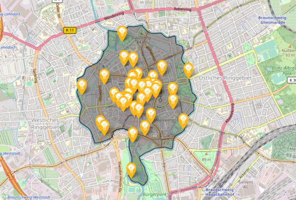 Das Bild zeigt einen Ausschnitt der Wikimap, die die Braunschweig Zukunft GmbH im Rahmen des Innenstadtstrategieprozesses in Auftrag gegeben hat. Braunschweig ist auf einer Karte mit verschiedenen Markierungen dargestellt. (Wird bei Klick vergrößert)