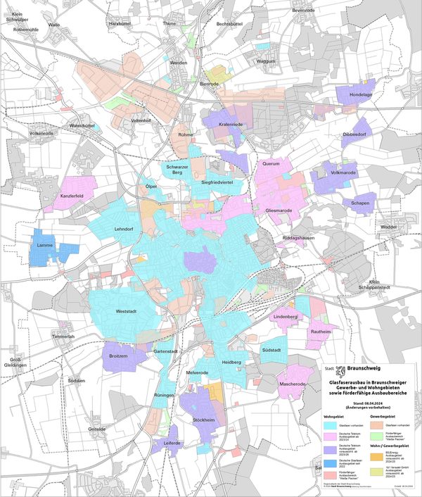 Karte mit den Glasfaserausbau-Gebieten in Braunschweig - Stand April 2024 (Wird bei Klick vergrößert)