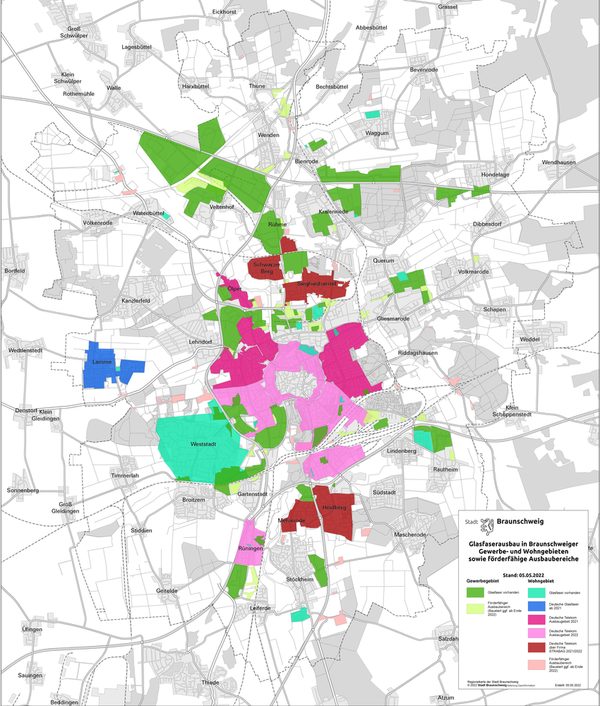 Karte mit den Glasfaserausbau-Gebieten in Braunschweig Stand Mai 2022