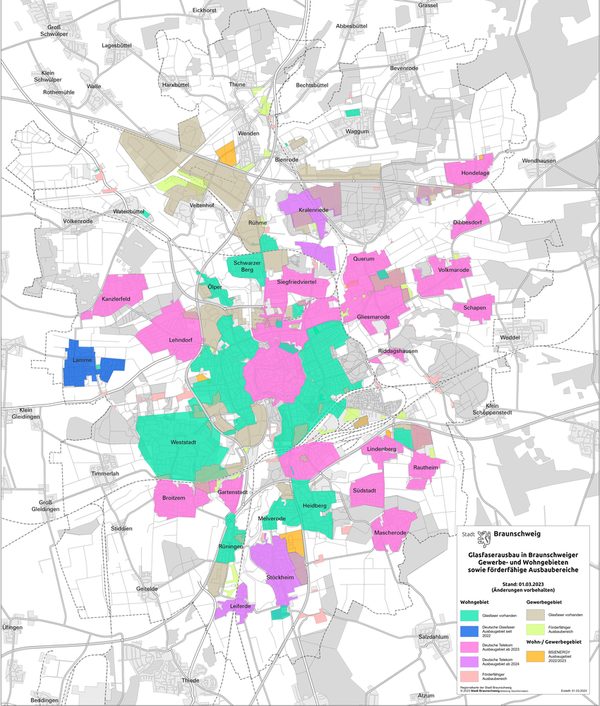 Karte mit den Glasfaserausbau-Gebieten in Braunschweig Stand März 2023 (Wird bei Klick vergrößert)