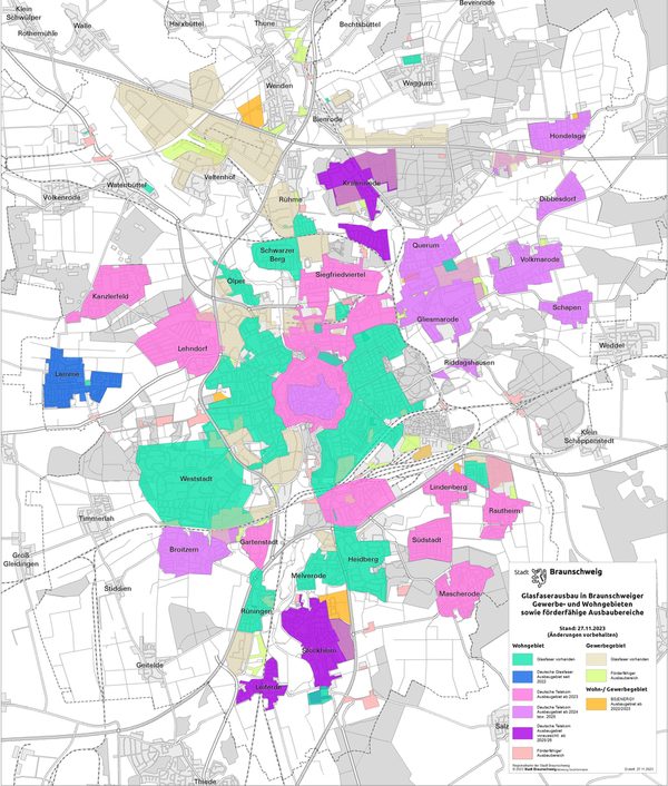 Karte mit den Glasfaserausbau-Gebieten in Braunschweig Stand November 2023 (Wird bei Klick vergrößert)