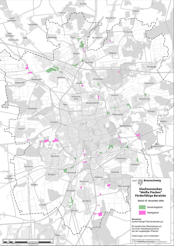 Karte mit den förderfähigen Glasfaserausbau-Gebieten in Braunschweig - Stand November 2024 © Stadt Braunschweig (Wird bei Klick vergrößert)