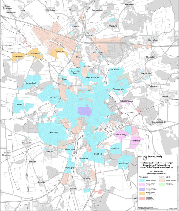 Karte mit den Glasfaserausbau-Gebieten in Braunschweig - Stand Mai 2025 © Stadt Braunschweig (Wird bei Klick vergrößert)