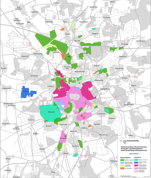 Glasfaserausbau in Braunschweiger Gewerbegebieten und förderfähige Bereiche im gesamten Stadtgebiet (Wird bei Klick vergrößert)