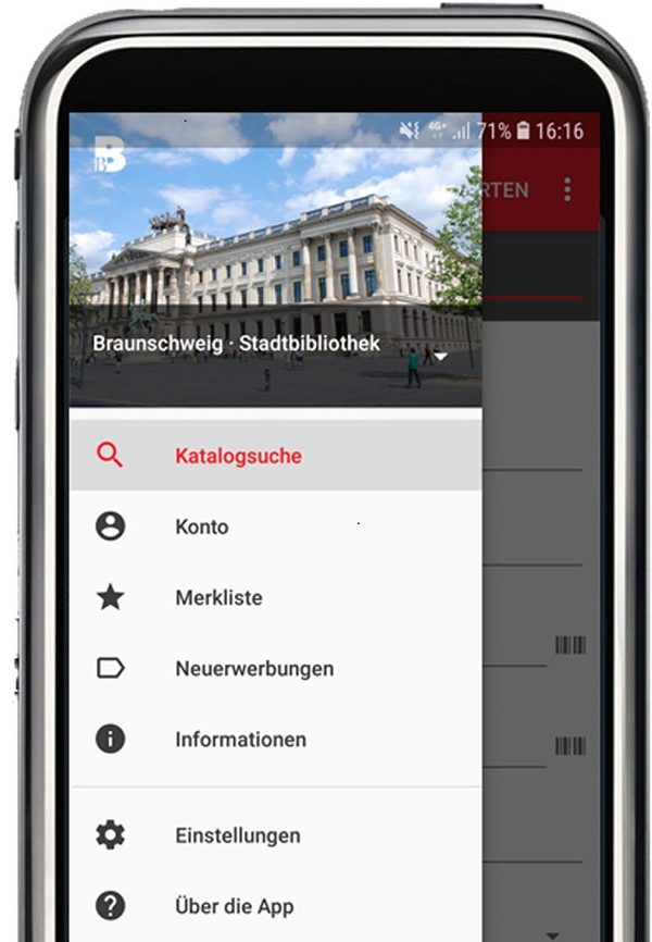 Smartphone mit Startseite der Android-Version der App (Wird bei Klick vergrößert)