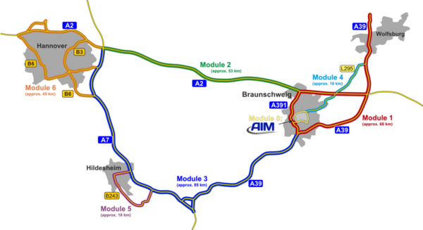 Die Karte zeigt die Strecke des Testfeldes Niedersachsen mit den dazugehörigen Modulen.
