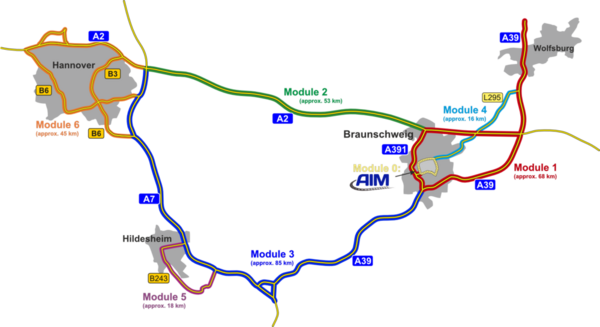 Die Karte zeigt die Strecke des Testfeldes Niedersachsen mit den dazugehörigen Modulen. (Zoom on click)