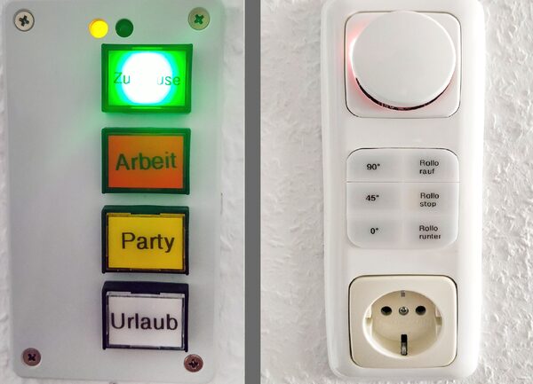 Alles lässt sich bequem per Knopfdruck bedienen. Beim Verlassen und Betreten kann man einen Heizungs- und Energiesparmodus für die Wohnung wählen. (Wird bei Klick vergrößert)