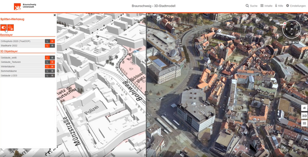 Mittels einer Split-Funktion kann das Stadtmodell aufgeteilt werden in Bereiche mit und ohne Texturen und Straßennamen. (Wird bei Klick vergrößert)