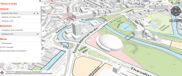 Am 3D-Stadtmodell lassen sich verschiedene Einstellungen hinsichtlich der Gebäude- und Bodentexturen vornehmen. (Wird bei Klick vergrößert)