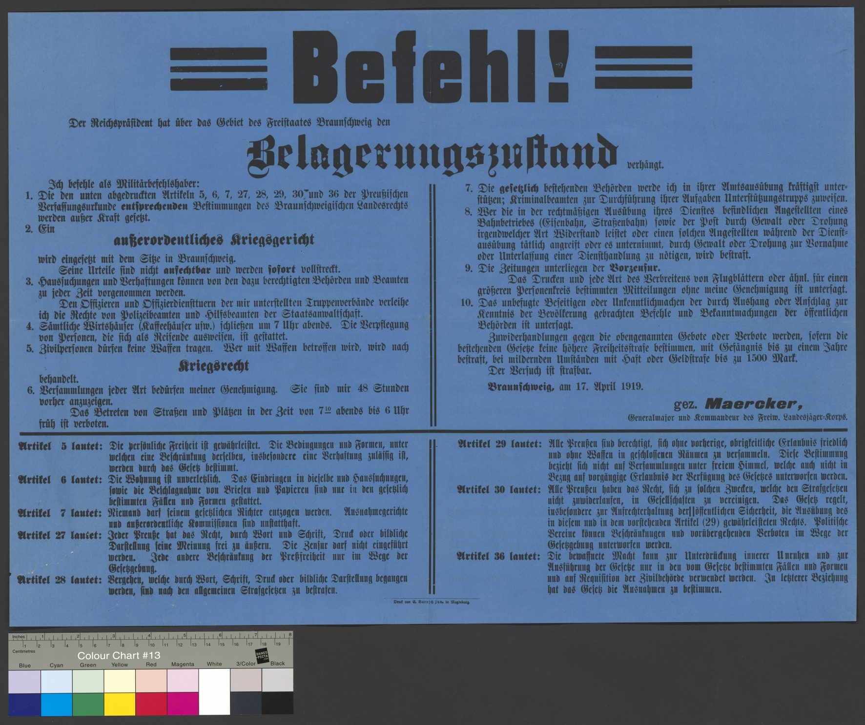 Anordnungen des General Maercker zum verhängten Belagerungszustand für das Gebiet des Freistaates Braunschweig, 17. April 1919 (H XVII: 0004.0029) (Wird bei Klick vergrößert)