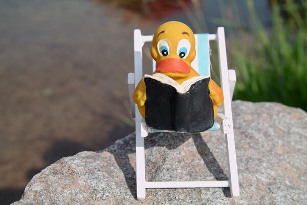 Quietscheentchen mit Buch am See (Wird bei Klick vergrößert)