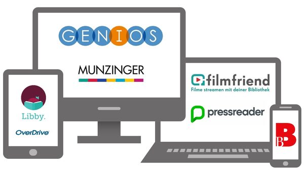 Verschiedene elektronische Endgeräte mit den Logos der digitalen Angebote