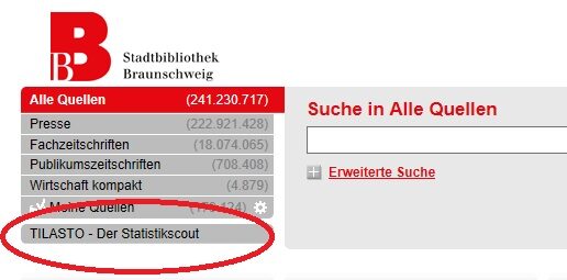 Tilasto Sucheinstieg auf der Seite von GENIOS (Wird bei Klick vergrößert)