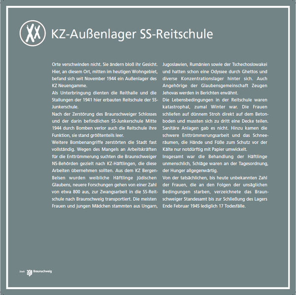 An der Salzdahlumer Straße / Ecke Schefflerstraße erinnert eine Gedenktafel an das „KZ-Außenlager SS-Reitschule“. (Wird bei Klick vergrößert)