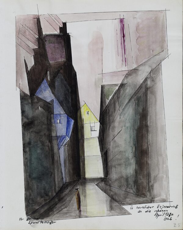 Lyonel Feininger, Eintrag im Gästebuch Otto Ralfs, „Braunschweiger Straße“, S. 25, April 1926, Städtisches Museum Braunschweig (Wird bei Klick vergrößert)