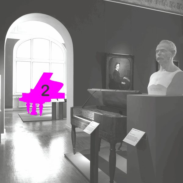 Foto der Musikausstellung mit dem Clara-Schumannflügel markiert mit der Nummer 2 (Wird bei Klick vergrößert)