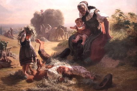 Gemälde mit einer Großmutter und ihren Enkeln, die im Heu spielen