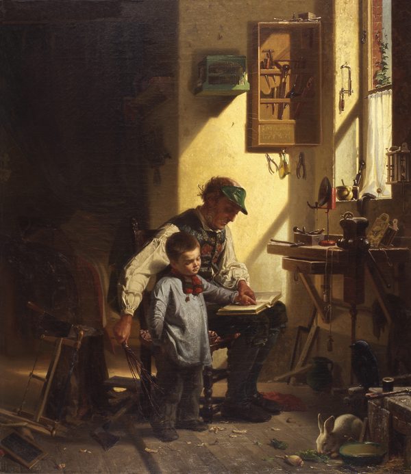 Gemälde strenger Großvater lehrt Enkel lesen (Wird bei Klick vergrößert)