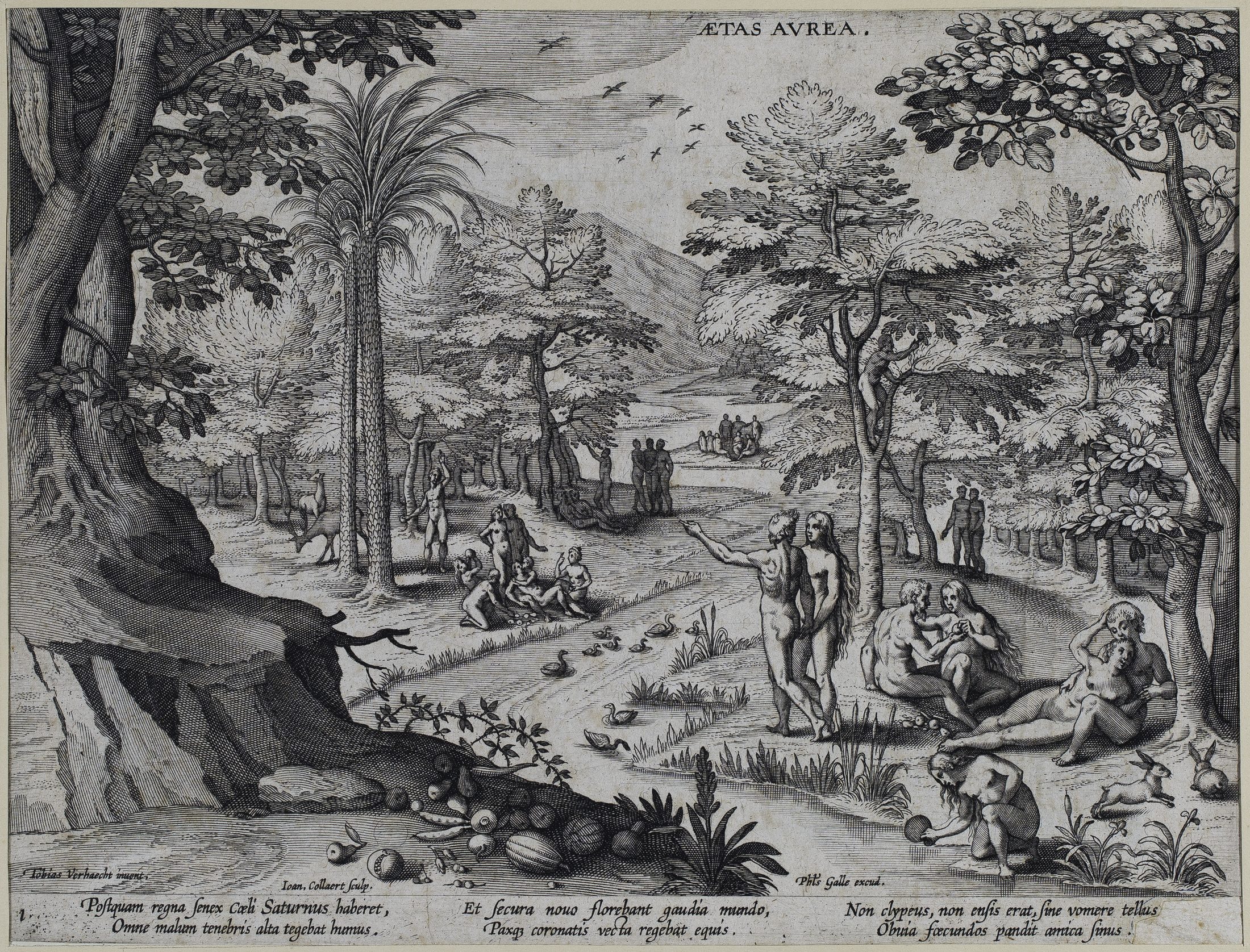 Grafik Jan Collaerts mit glücklichen nackten Menschen in üppiger Landschaft (Wird bei Klick vergrößert)
