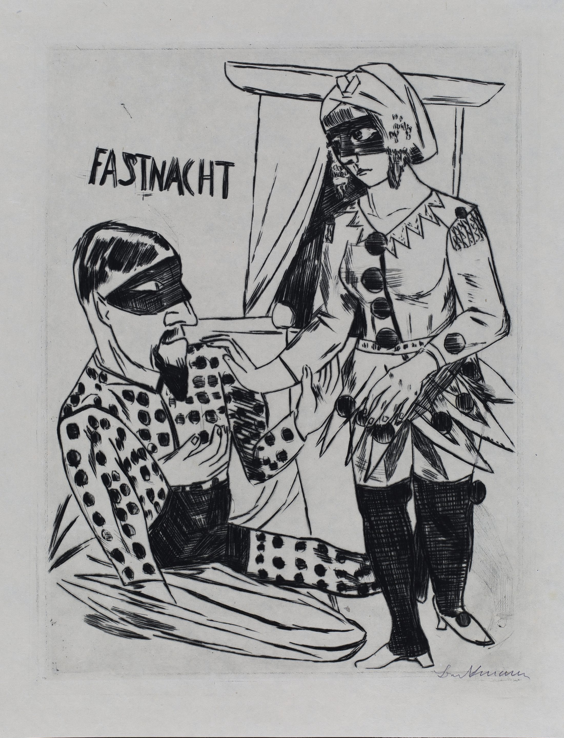 Grafik Max Beckmanns mit Mann und Frau in Fastnachtskostümen (Wird bei Klick vergrößert)