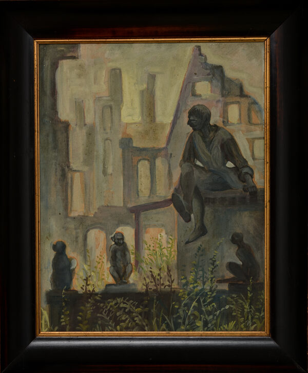 Plakatmotiv der Ausstellung "15. Oktober - Die Zerstörung der Stadt Braunschweig 1944", Willi Dieterich (1900-unbekannt), Eulenspiegelbrunnen vor Trümmern 1947, Öl auf Hartfaser, Privatbesitz (Wird bei Klick vergrößert)