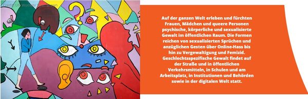 Buntes Wandmatural mit Frau, die von Gewalt bedroht wird - das Wandgemälde symbolisiert die Stärkung der Frauen und ihre Befreiung von Gewalt - Orange The World Kampagne (Wird bei Klick vergrößert)