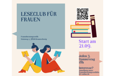 Karikatur von zwei Frauen Rücken an Rücken beim Lesen von Büchern, ein Stapel Bücher und Hinweistext Leseclub für Frauen Start am 21.09. Jeden 3. Donnerstag 18 Uhr Interesse Anmeldung unter frauenberatungsstellebs@t-online.de