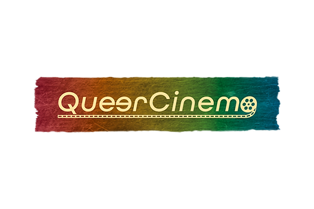 Schriftzug QueerCinema darunter Filmrolle alles in gelb vor Hintergrund in dunklen Regenbogenverlauf