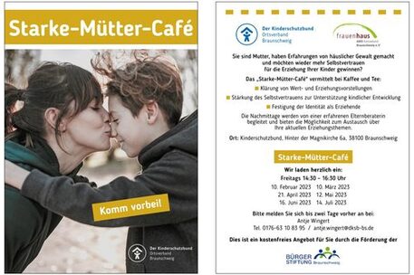 Text Starke Mütter Cafe, eine Frau gibt einem Kind einen Kuss auf die Nase und die Informationen zur Anmeldung