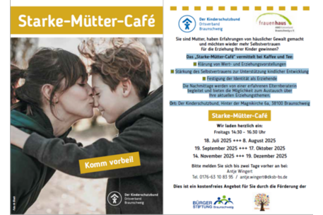 Text Starke Mütter Cafe, eine Frau gibt einem Kind einen Kuss auf die Nase und die Informationen zur Anmeldung