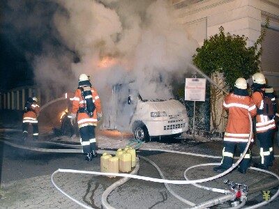 Der Brand drohte vom Wohnmobil auf das angrenzende Gebäude überzugreifen (Wird bei Klick vergrößert)