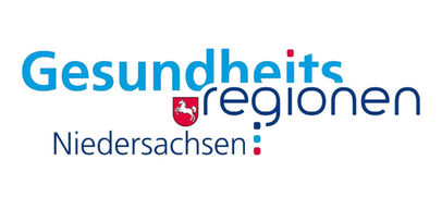 Logo der Gesundheitsregionen Niedersachsen mit Niedersachsenwappen und in blauer Schrift mit roten Akzenten